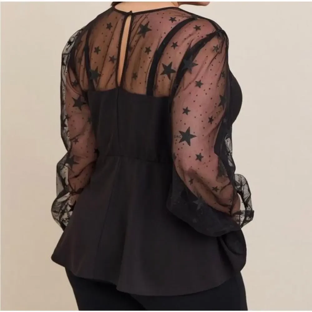 Torrid Black Peplum Blouse Top 2X Mesh Sleeves & Neck Sparkly Stars Whimsygoth - Picture 4 of 11